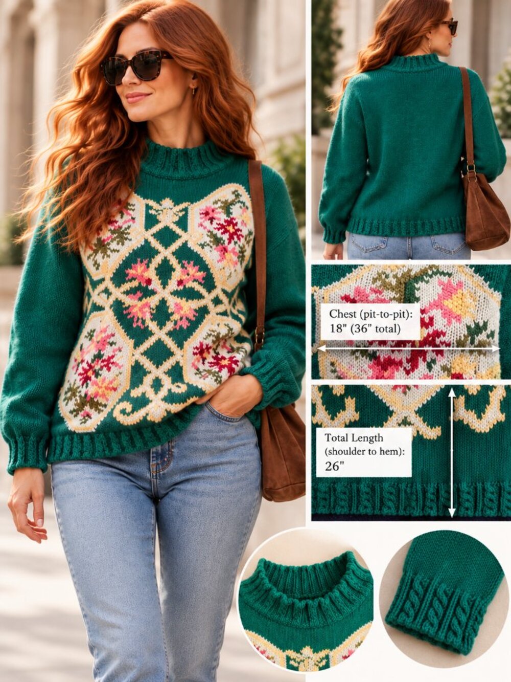 VTG 90s XHK Cottagecore Floral Intarsia Knit Sweater Emerald Green